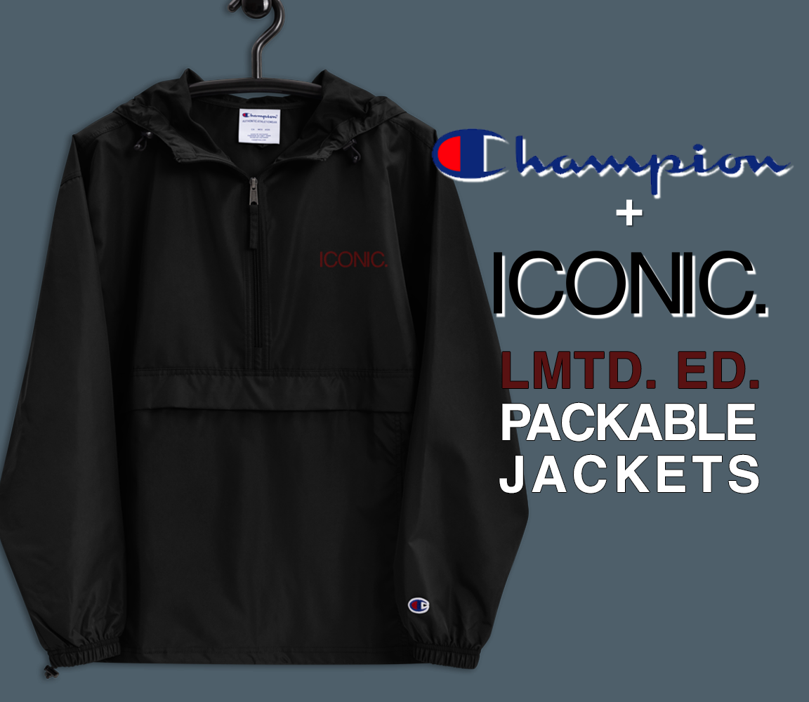 CHAMPION + ROYAL ICONIC. | Embroidered Logo Unisex Hooded Packable Windbreaker Lite Coaches Jacket Black w/ Wine Maroon Logo