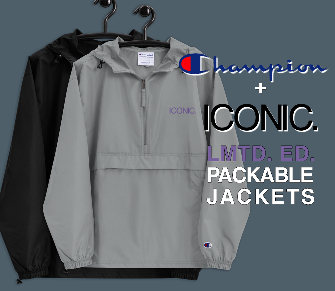 CHAMPION + ROYAL ICONIC. | Embroidered Logo Unisex Hooded Packable Windbreaker Lite Coaches Jacket Graphite Grey w/ Purple Logo