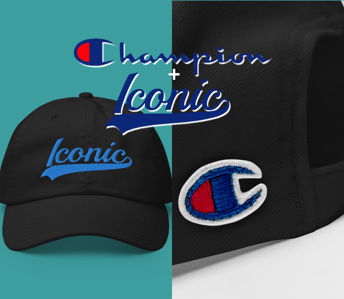CHAMPION + ROYAL ICONIC. | Embroidered Logo Unisex Classic Cap Dad Hat Mom Cap Black w/ Teal Aqua Thread Retro Baseball Logo