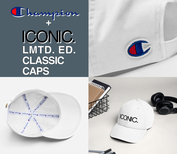 CHAMPION + ROYAL ICONIC. | Embroidered Logo Unisex Classic Cap Dad Hat Mom Cap White w/ Black Thread