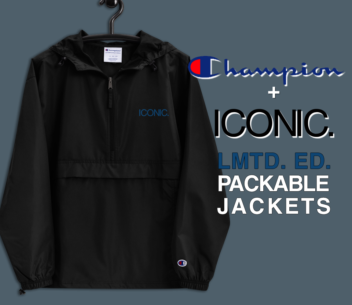 CHAMPION + ROYAL ICONIC. | Embroidered Logo Unisex Hooded Packable Windbreaker Lite Coaches Jacket Black w/ Royal Blue Logo