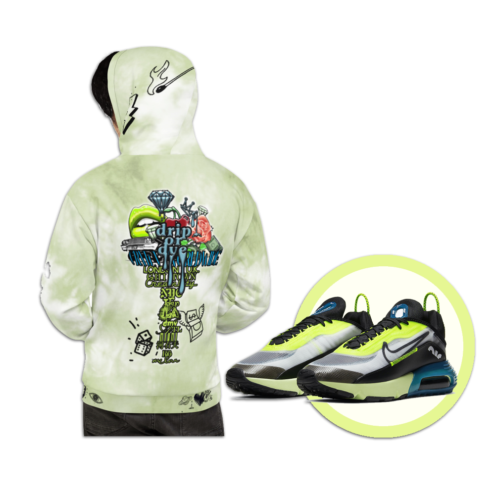 CRXWN | Drip or Dye Moss Green Ice Dye UNISEX HOODIE Hearts Around the World Live Love Laugh