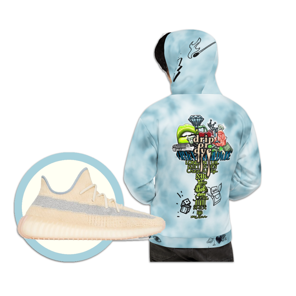 CRXWN | Drip or Dye Ice Blue Sky Linen Ice Dye UNISEX HOODIE Hearts Around the World Live Love Laugh