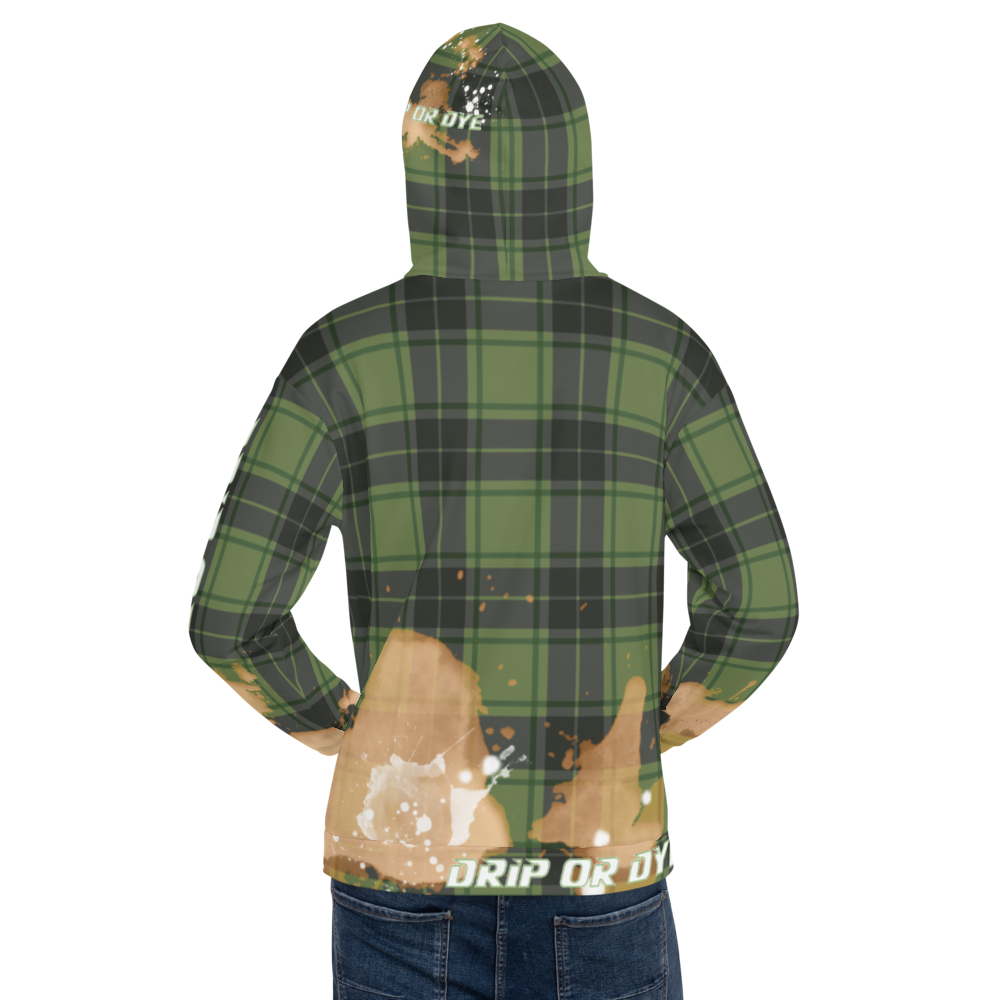 CRXWN | Drip or Dye | Plaid Season 1 Unisex Hoodie Custom Plaid Retro Grunge Paint Splatter Cobain Bleach Stain Green