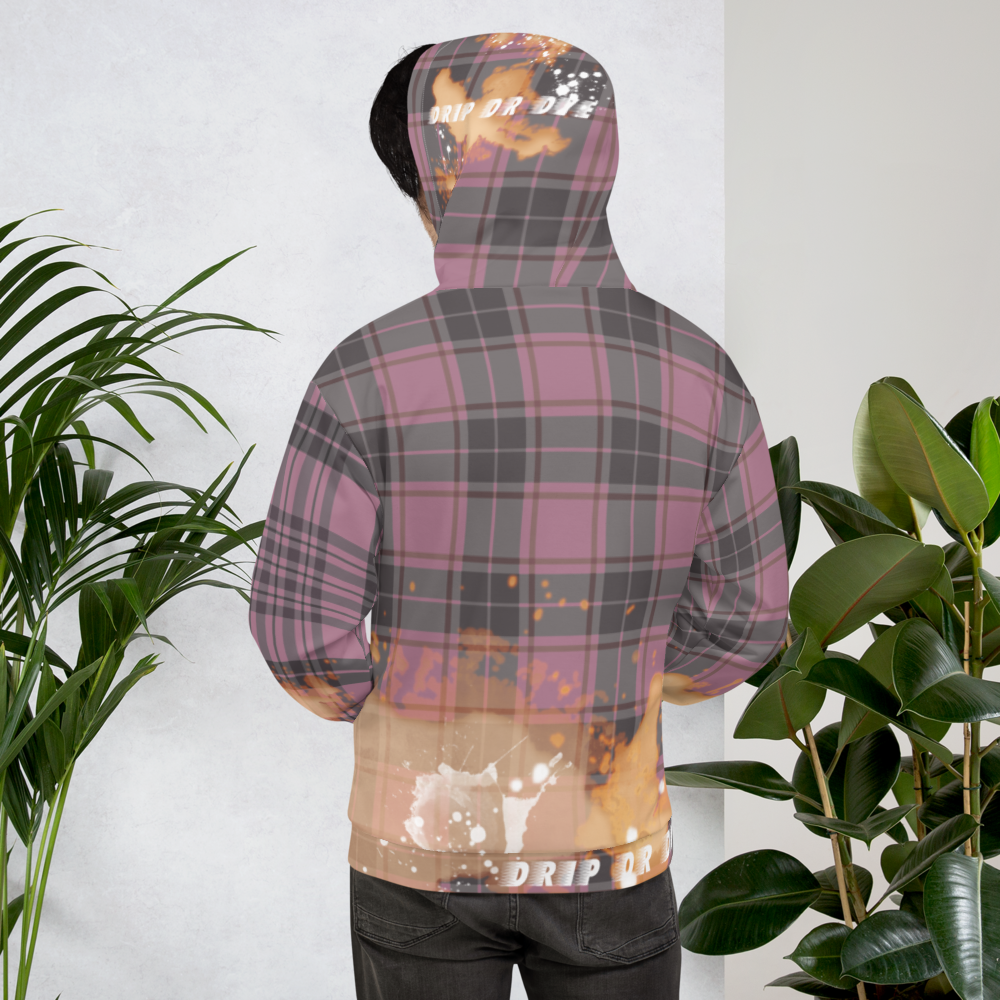 CRXWN | Drip or Dye | Plaid Season 1 Unisex Hoodie Custom Plaid Retro Grunge Paint Splatter Cobain Bleach Stain Pink