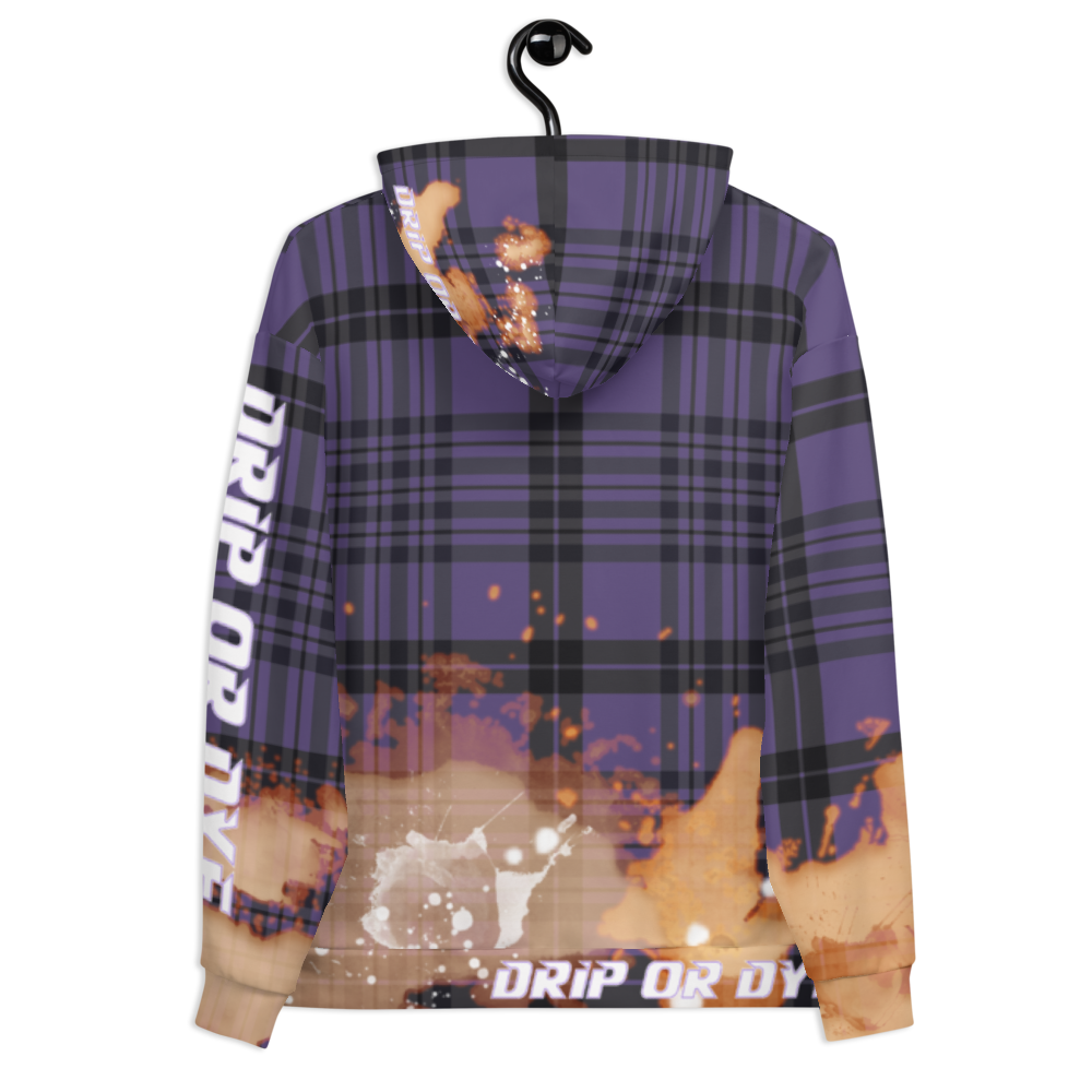 CRXWN | Drip or Dye | Plaid Season 1 Unisex Hoodie Custom Plaid Retro Grunge Paint Splatter Cobain Bleach Stain Purple