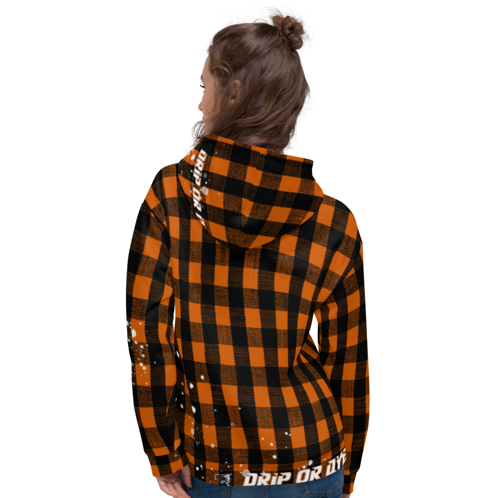 CRXWN | Drip or Dye | Plaid Season 1 Unisex Hoodie Custom Buffalo Plaid Retro Grunge Paint Splatter Sienna Orange Halloween