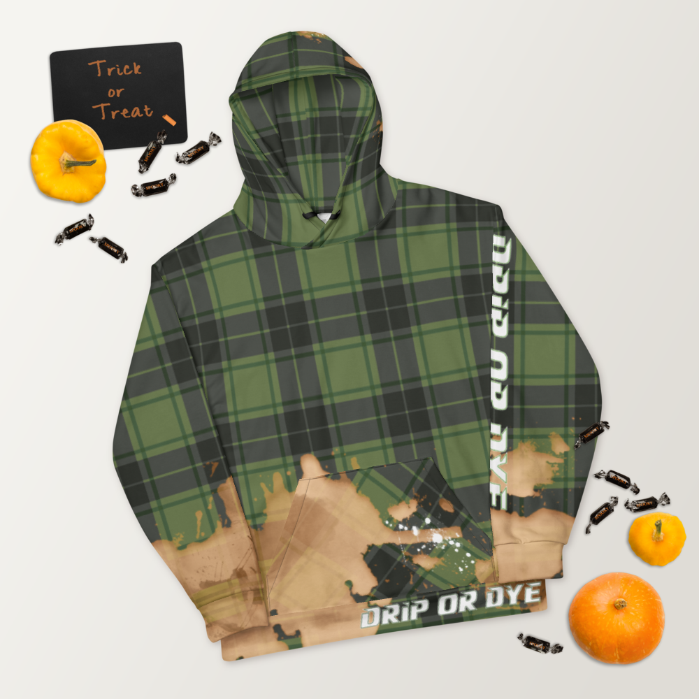 CRXWN | Drip or Dye | Plaid Season 1 Unisex Hoodie Custom Plaid Retro Grunge Paint Splatter Cobain Bleach Stain Green