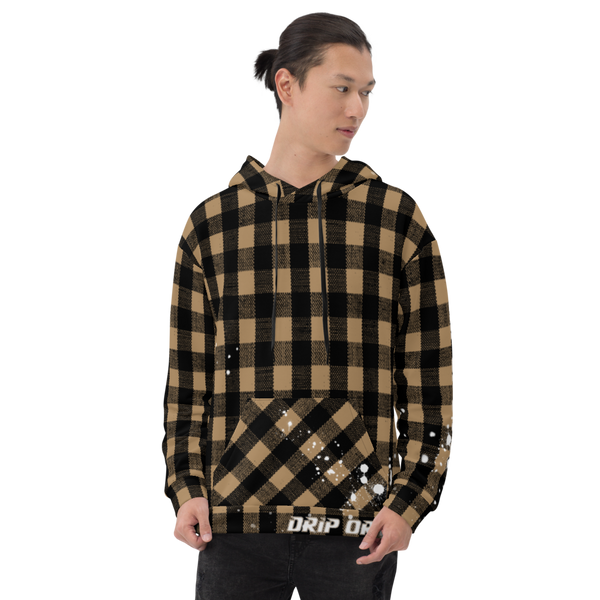 CRXWN | Drip or Dye | Plaid Season 1 Unisex Hoodie Custom Buffalo Plaid Retro Grunge Paint Splatter Tan Sands