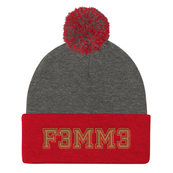 F3MM3 UNIVERSITY POMPOM BEANIE GREY & RED