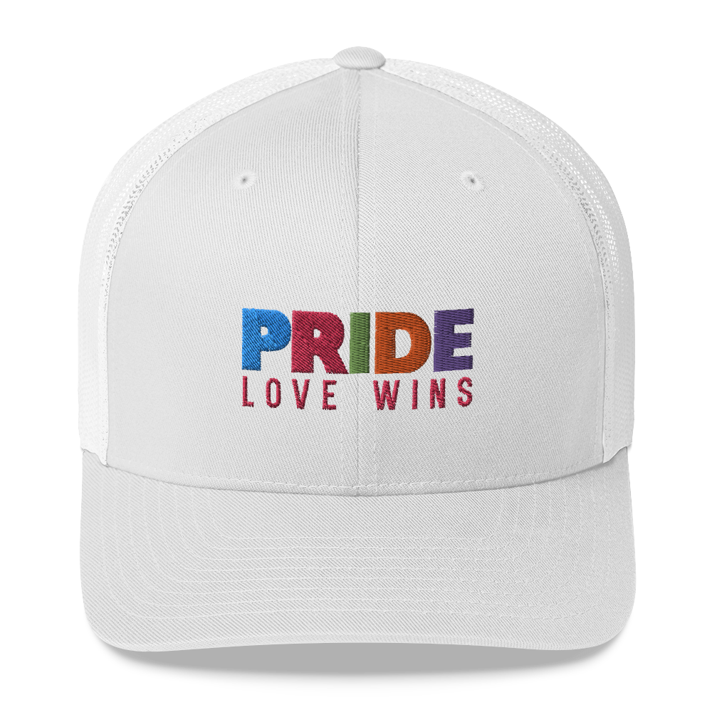 FEMME Univ | LGBTQIA Plus PRIDE Love Wins Trucker Cap Solid White