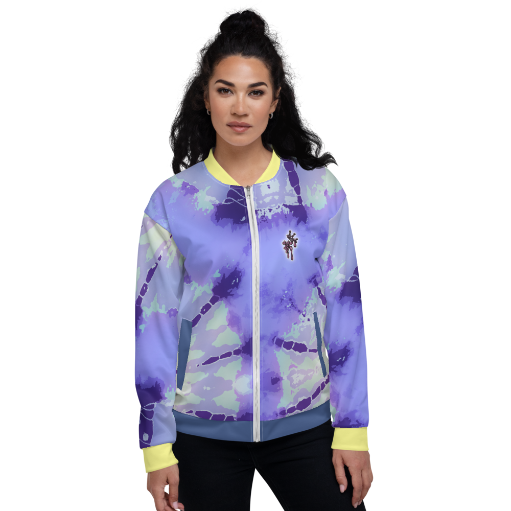 CRXWN | Drip or Dye Violet Photon Dust Ice Dye UNISEX Bomber Jacket Hearts Around the World Live Love Laugh