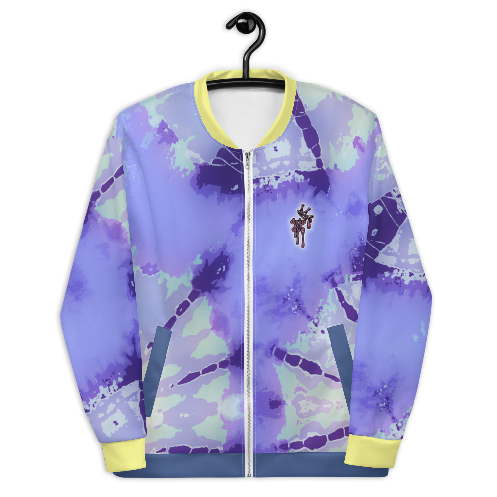 CRXWN | Drip or Dye Violet Photon Dust Ice Dye UNISEX Bomber Jacket Hearts Around the World Live Love Laugh