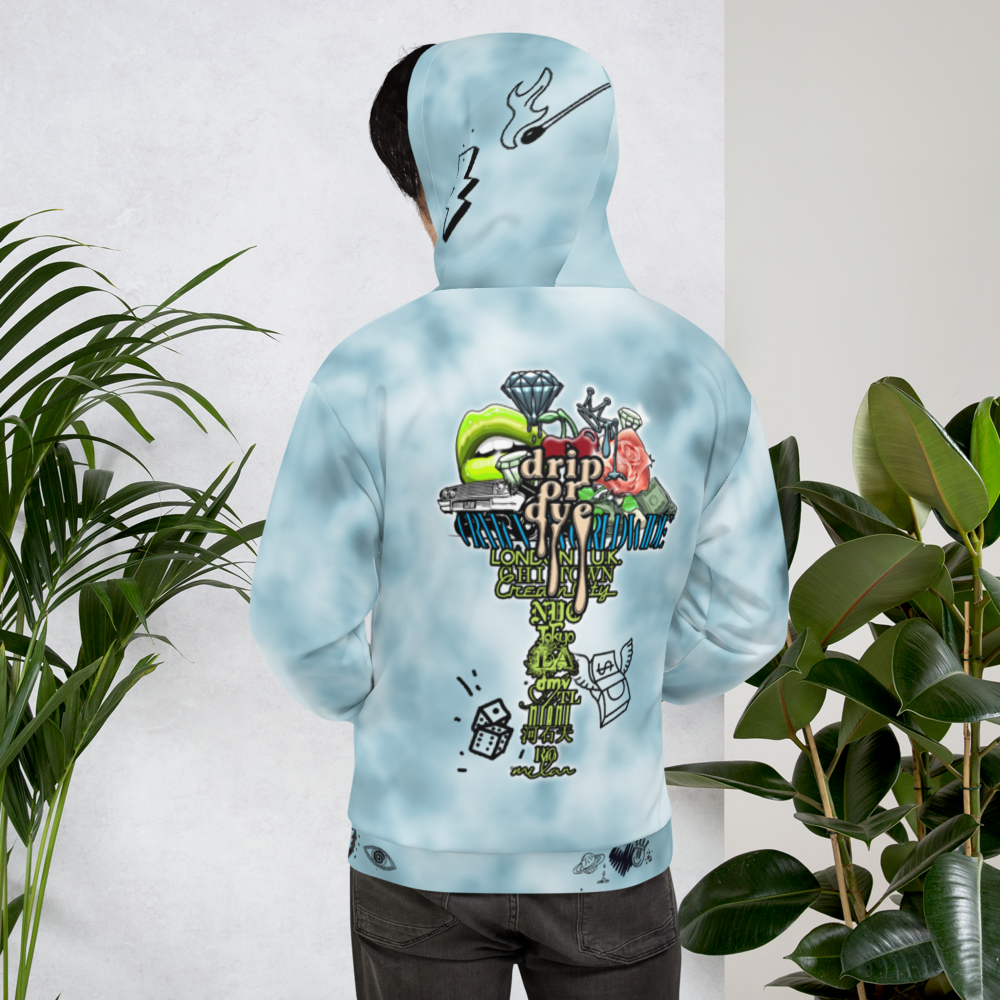 CRXWN | Drip or Dye Ice Blue Sky Linen Ice Dye UNISEX HOODIE Hearts Around the World Live Love Laugh