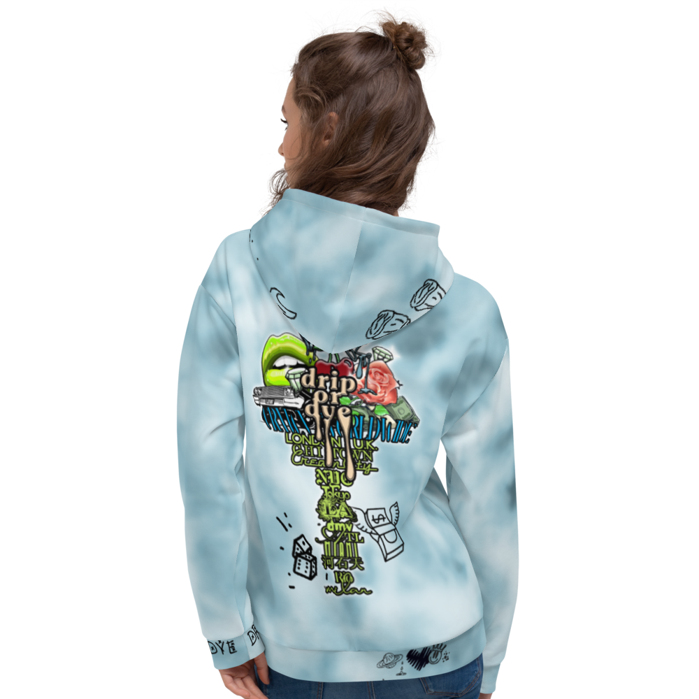 CRXWN | Drip or Dye Ice Blue Sky Linen Ice Dye UNISEX HOODIE Hearts Around the World Live Love Laugh