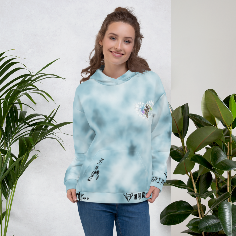 CRXWN | Drip or Dye Ice Blue Sky Linen Ice Dye UNISEX HOODIE Hearts Around the World Live Love Laugh