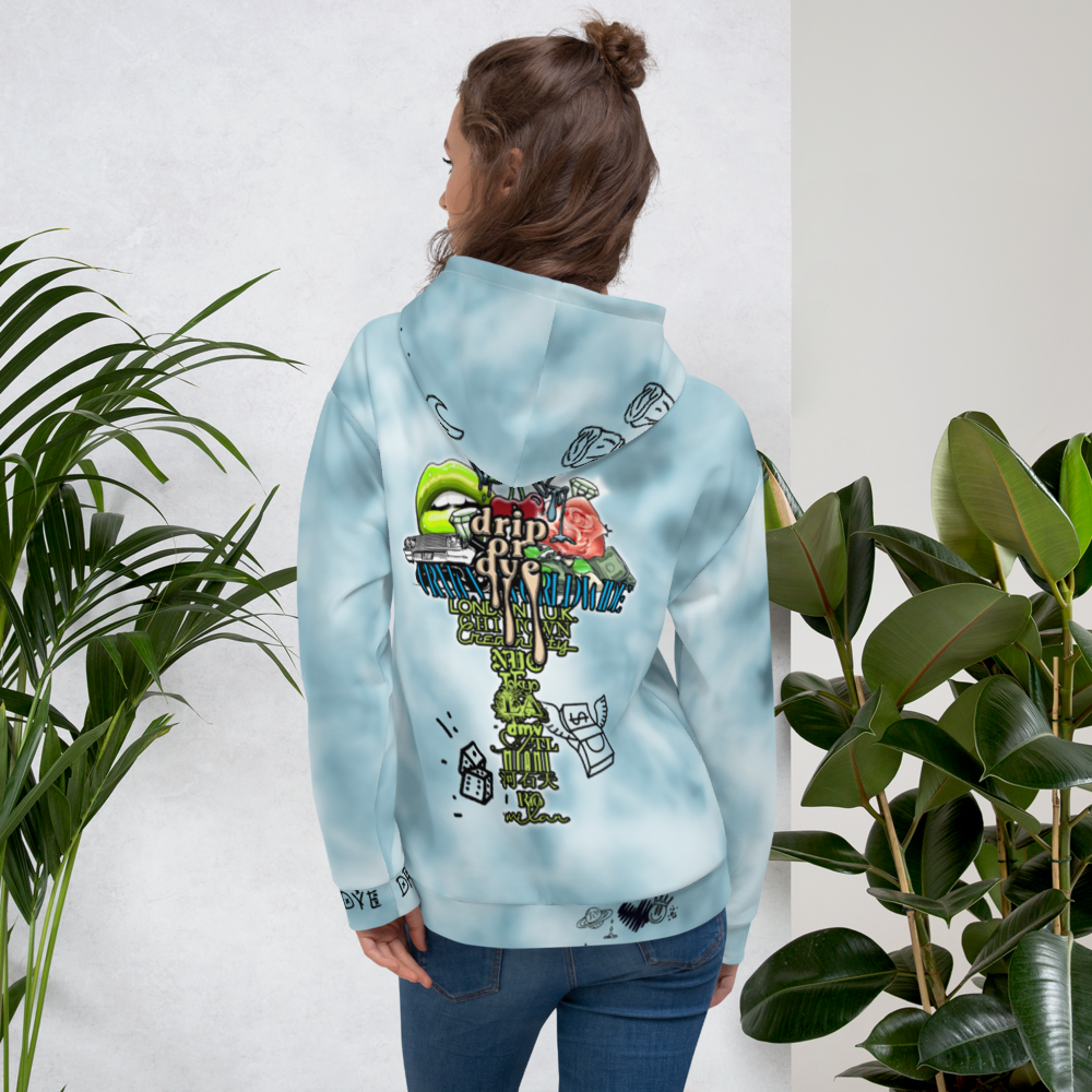 CRXWN | Drip or Dye Ice Blue Sky Linen Ice Dye UNISEX HOODIE Hearts Around the World Live Love Laugh