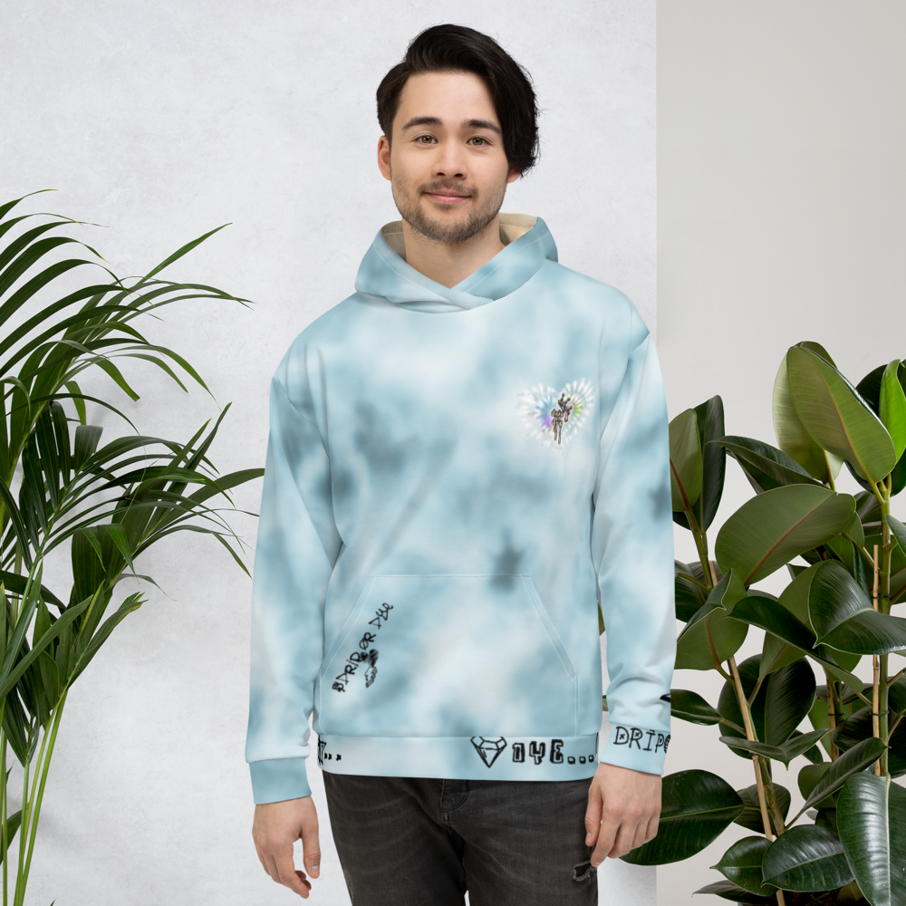 CRXWN | Drip or Dye Ice Blue Sky Linen Ice Dye UNISEX HOODIE Hearts Around the World Live Love Laugh