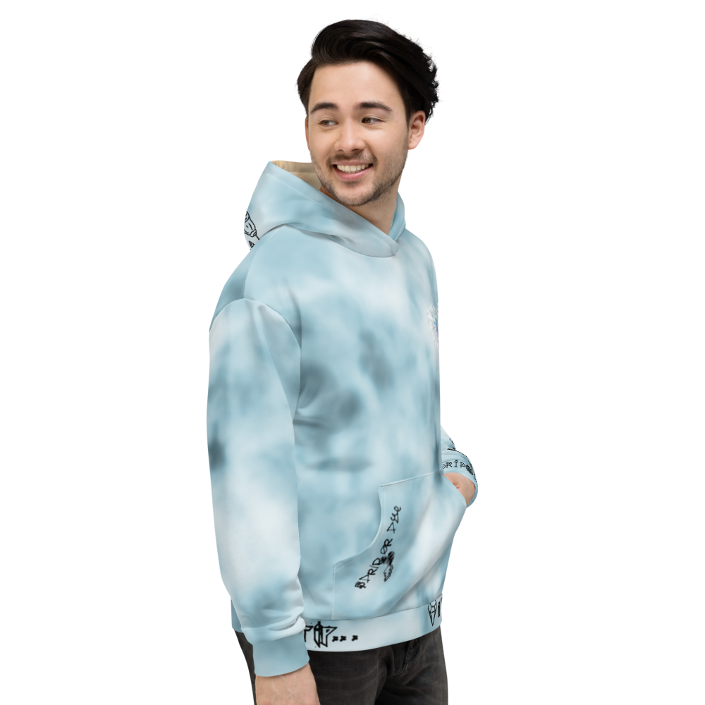 CRXWN | Drip or Dye Ice Blue Sky Linen Ice Dye UNISEX HOODIE Hearts Around the World Live Love Laugh