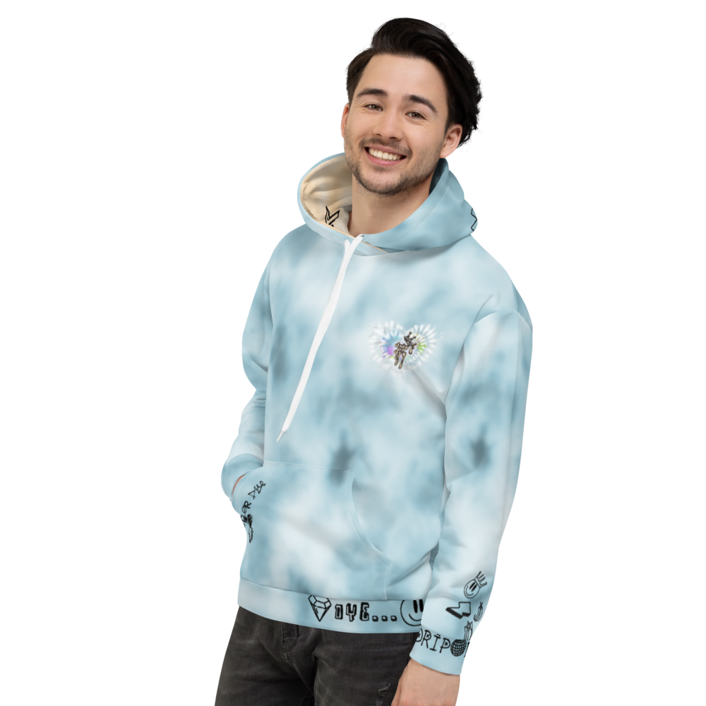 CRXWN | Drip or Dye Ice Blue Sky Linen Ice Dye UNISEX HOODIE Hearts Around the World Live Love Laugh