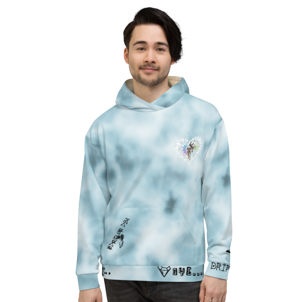 CRXWN | Drip or Dye Ice Blue Sky Linen Ice Dye UNISEX HOODIE Hearts Around the World Live Love Laugh