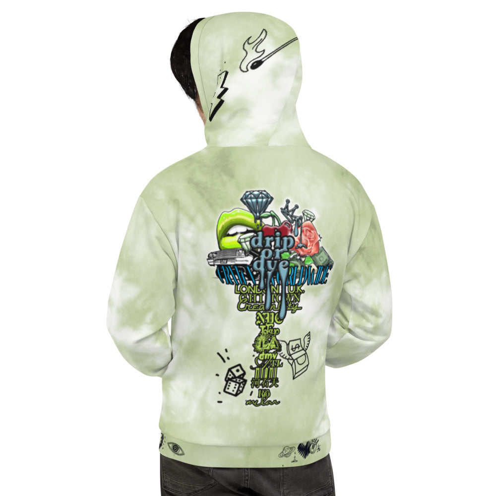 CRXWN | Drip or Dye Moss Green Ice Dye UNISEX HOODIE Hearts Around the World Live Love Laugh