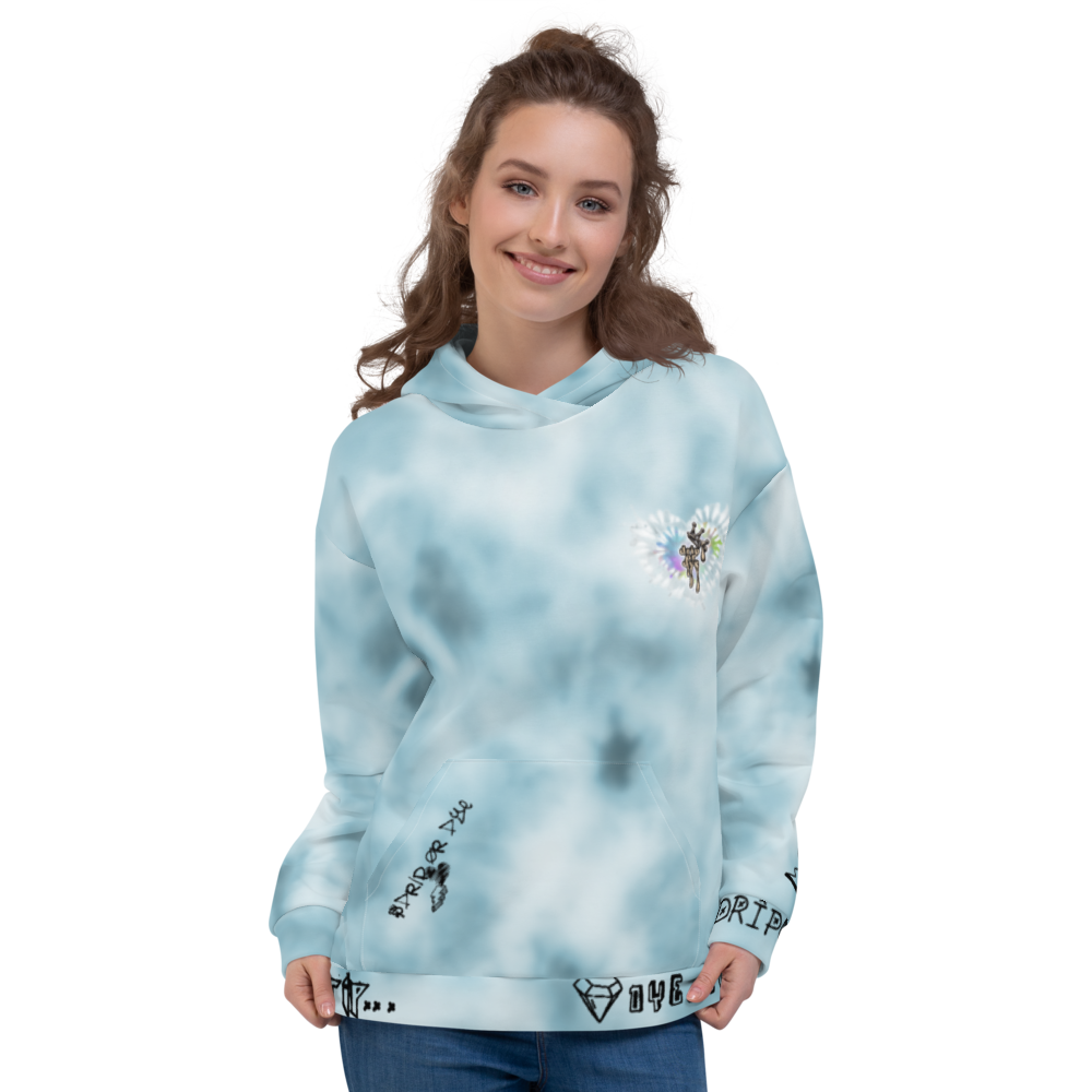 CRXWN | Drip or Dye Ice Blue Sky Linen Ice Dye UNISEX HOODIE Hearts Around the World Live Love Laugh