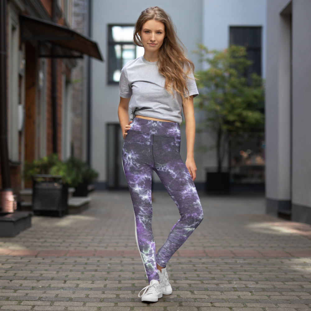 CRXWN | Royal Urban Resort | Trippy Drippy Bleach Acid Wash with Malibu Stripe Yoga Leggings CMFT PSG Royal Purple Acid Wash