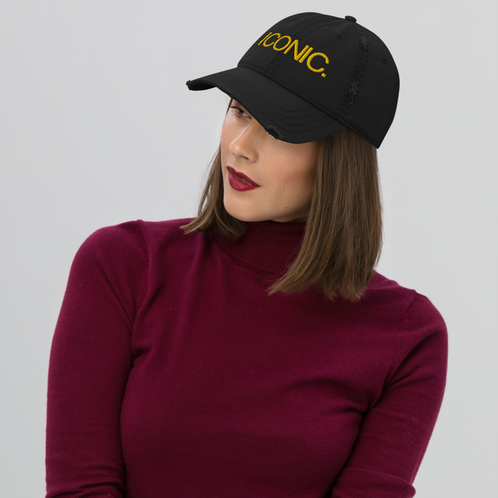 ROYAL ICONIC. | Embroidered Logo Unisex Distress Cap Dad Hat Mom Cap Black w/ Gold Thread