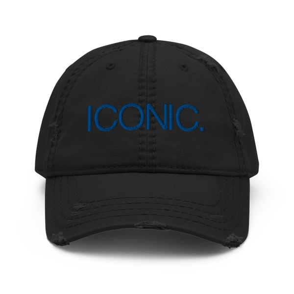 ROYAL ICONIC. | Embroidered Logo Unisex Distress Cap Dad Hat Mom Cap Black w/ Royal Blue Thread