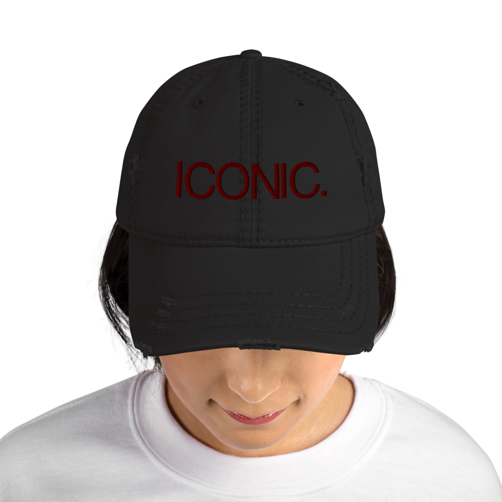 ROYAL ICONIC. | Embroidered Logo Unisex Distress Cap Dad Hat Mom Cap Black w/ Wine Maroon Thread