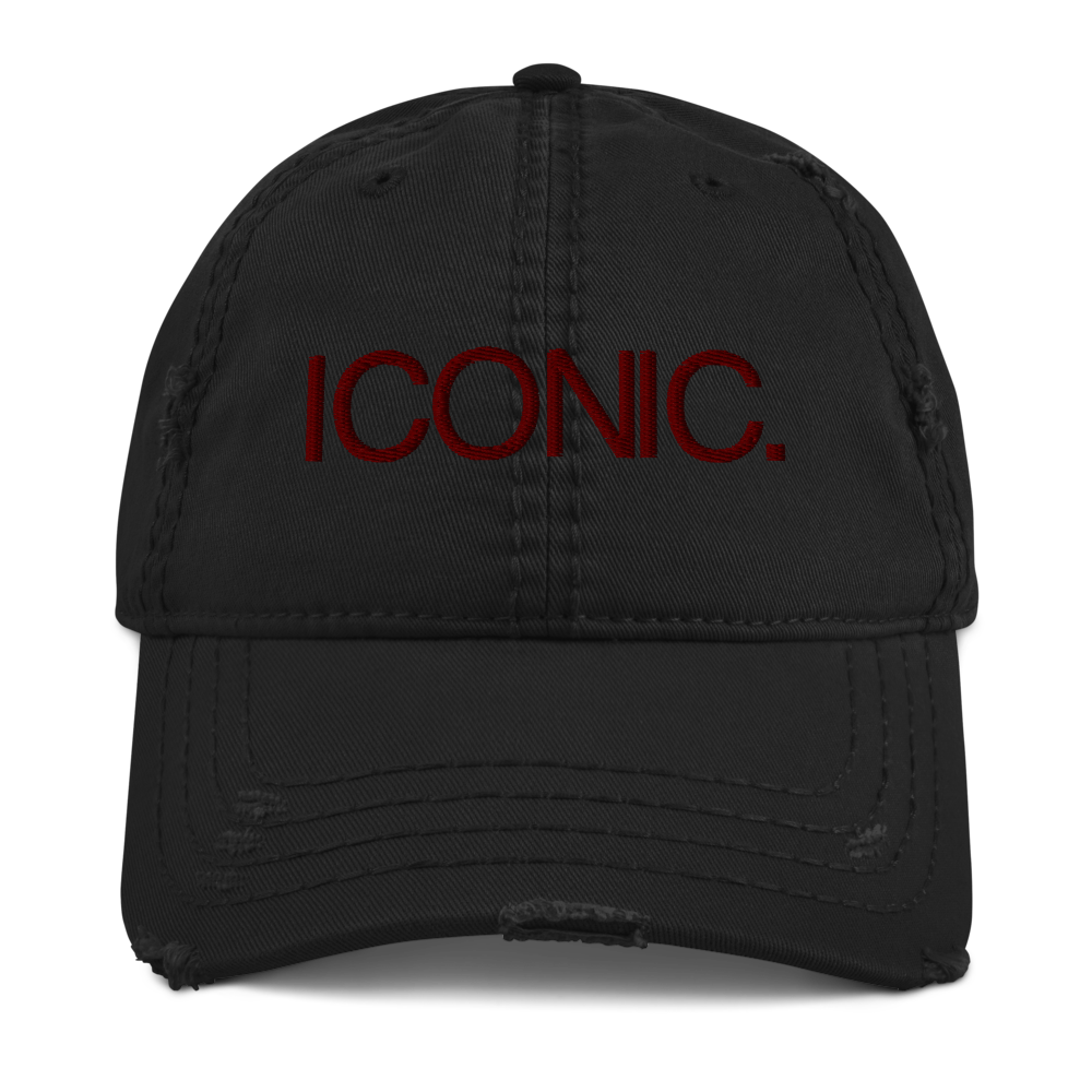 ROYAL ICONIC. | Embroidered Logo Unisex Distress Cap Dad Hat Mom Cap Black w/ Wine Maroon Thread