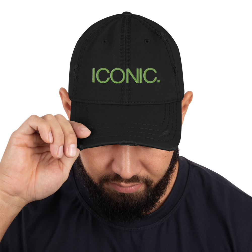 ROYAL ICONIC. | Embroidered Logo Unisex Distress Cap Dad Hat Mom Cap Black w/ Kiwi Green Thread