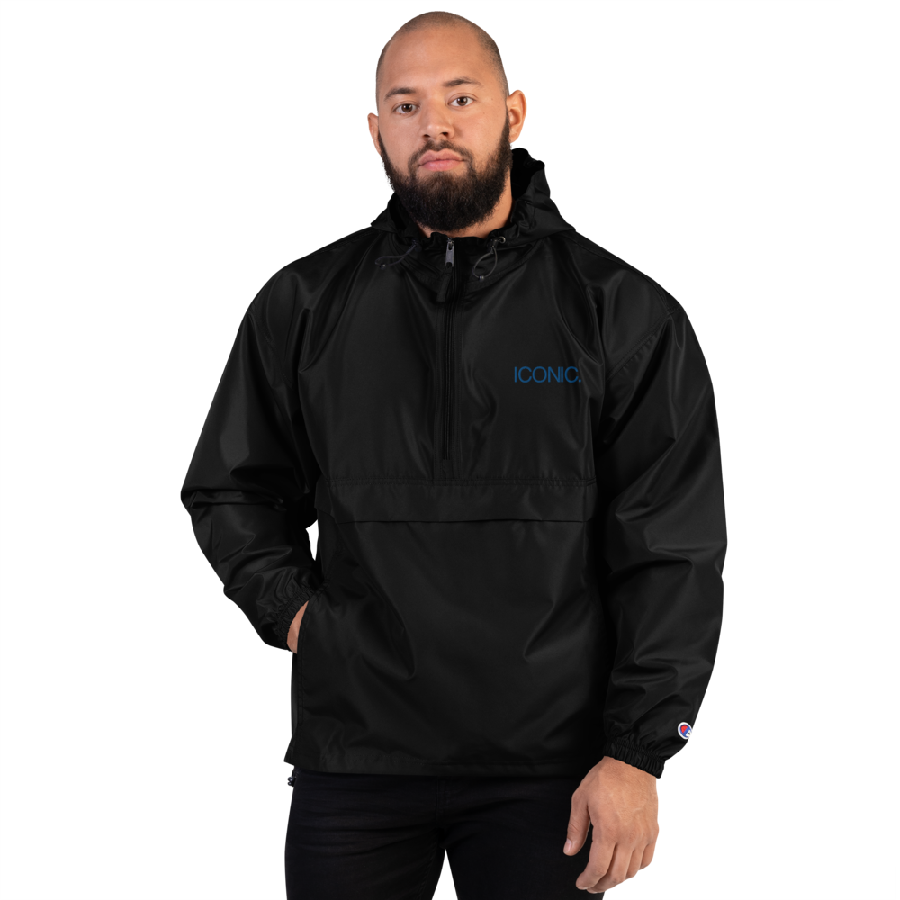 CHAMPION + ROYAL ICONIC. | Embroidered Logo Unisex Hooded Packable Windbreaker Lite Coaches Jacket Black w/ Royal Blue Logo