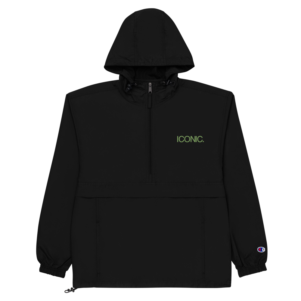 CHAMPION + ROYAL ICONIC. | Embroidered Logo Unisex Hooded Packable Windbreaker Lite Coaches Jacket Black w/ Kiwi Green Logo