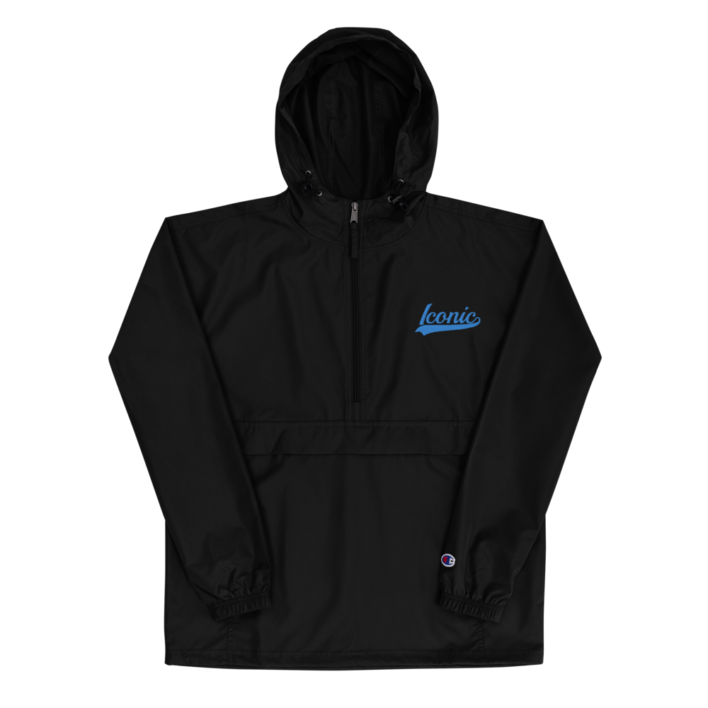 CHAMPION + ROYAL ICONIC. | Embroidered Logo Unisex Hooded Packable Windbreaker Lite Coaches Jacket Black w/ Teal Aqua Retro Baseball Logo