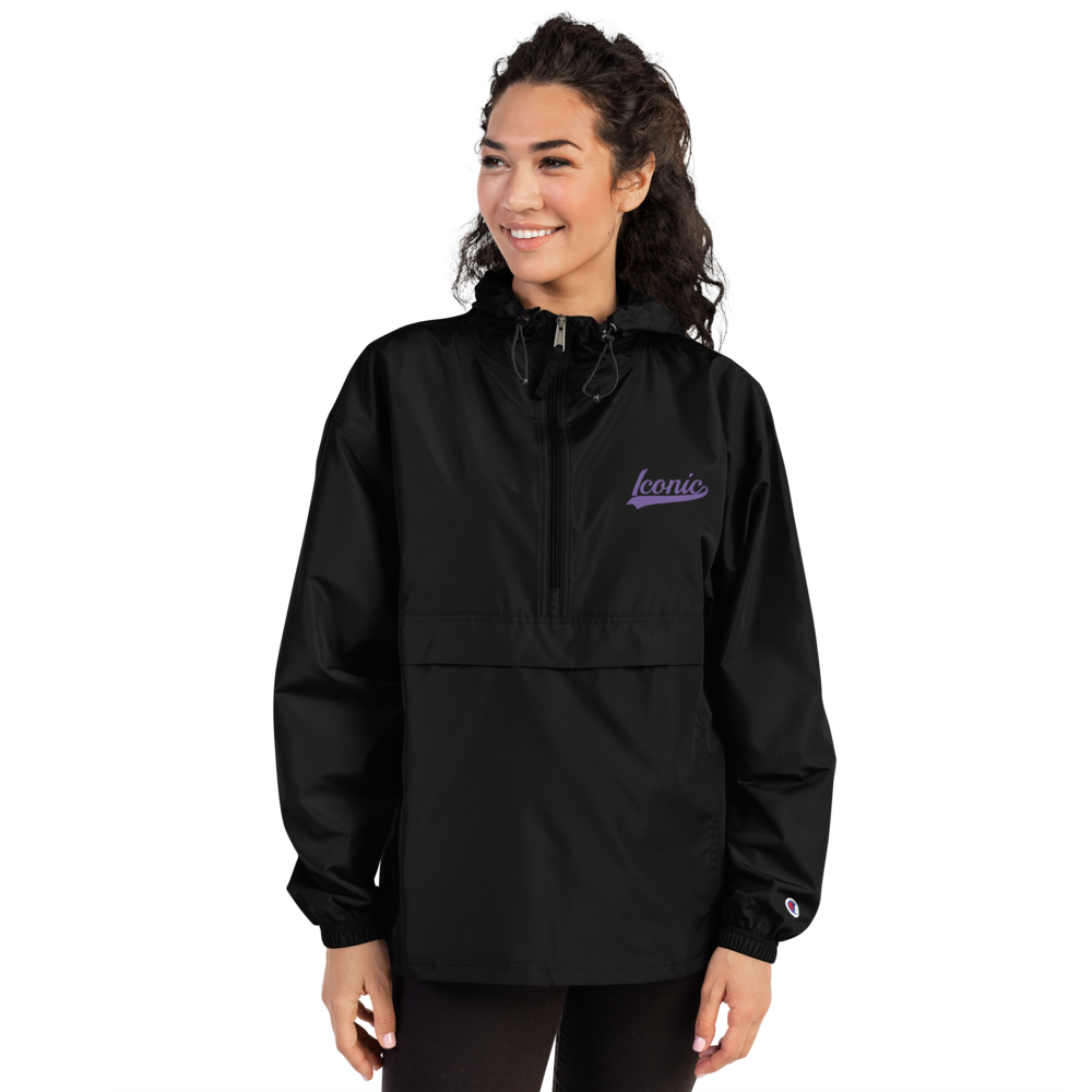 CHAMPION + ROYAL ICONIC. | Embroidered Logo Unisex Hooded Packable Windbreaker Lite Coaches Jacket Black w/ Purple Hendrixx Baseball Logo