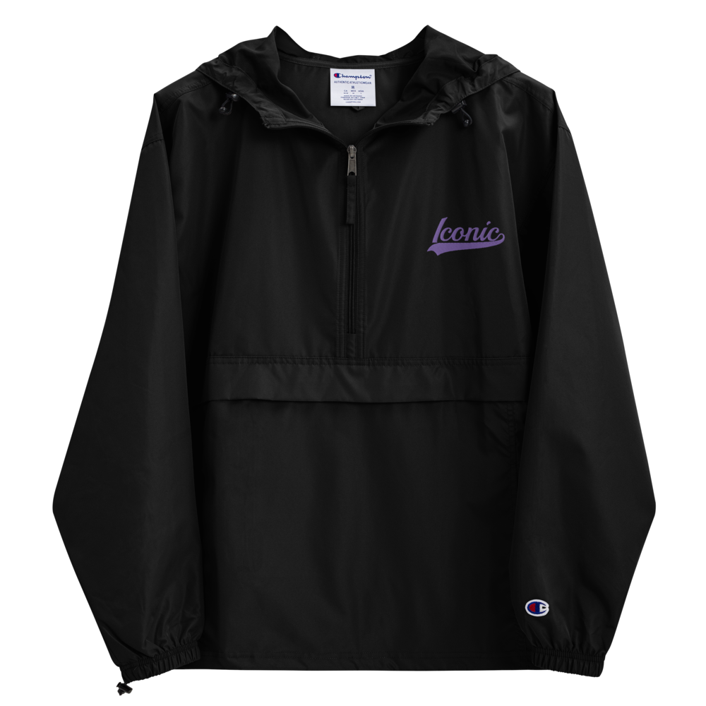 CHAMPION + ROYAL ICONIC. | Embroidered Logo Unisex Hooded Packable Windbreaker Lite Coaches Jacket Black w/ Purple Hendrixx Baseball Logo