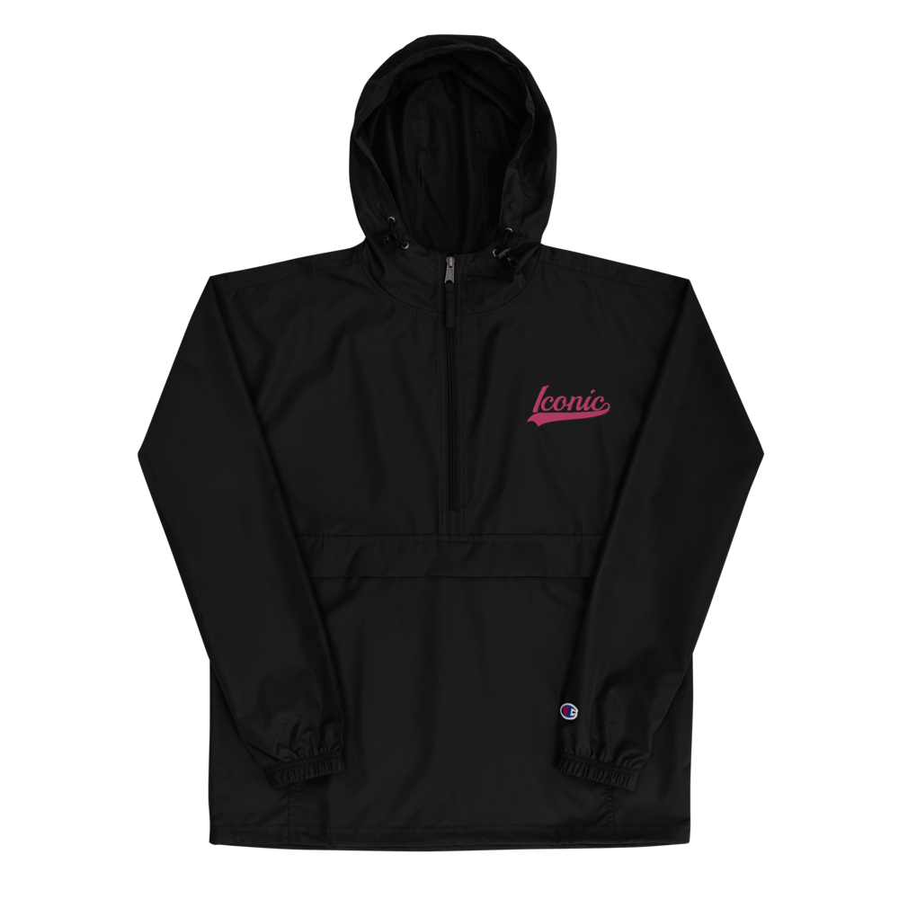 CHAMPION + ROYAL ICONIC. | Embroidered Logo Unisex Hooded Packable Windbreaker Lite Coaches Jacket Black w/ Pretty in Pink Baseball Logo