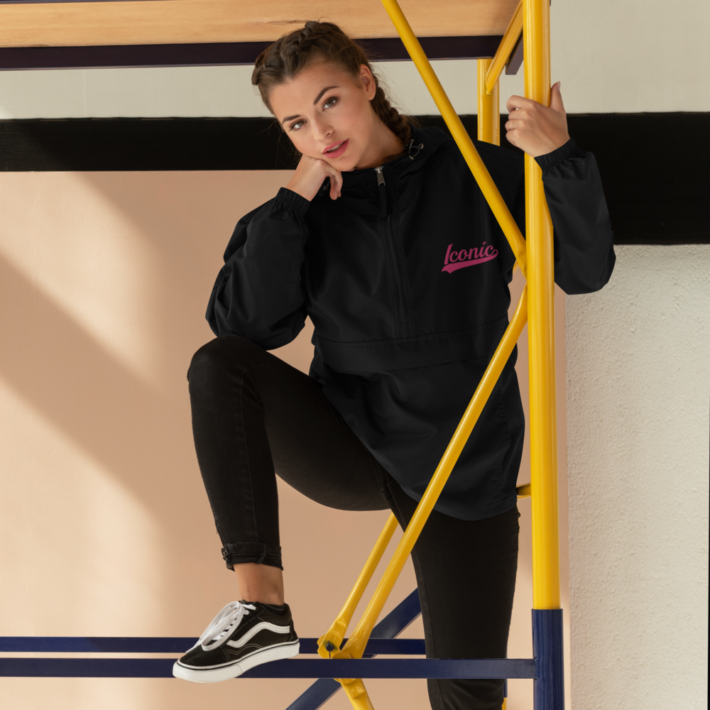 CHAMPION + ROYAL ICONIC. | Embroidered Logo Unisex Hooded Packable Windbreaker Lite Coaches Jacket Black w/ Pretty in Pink Baseball Logo