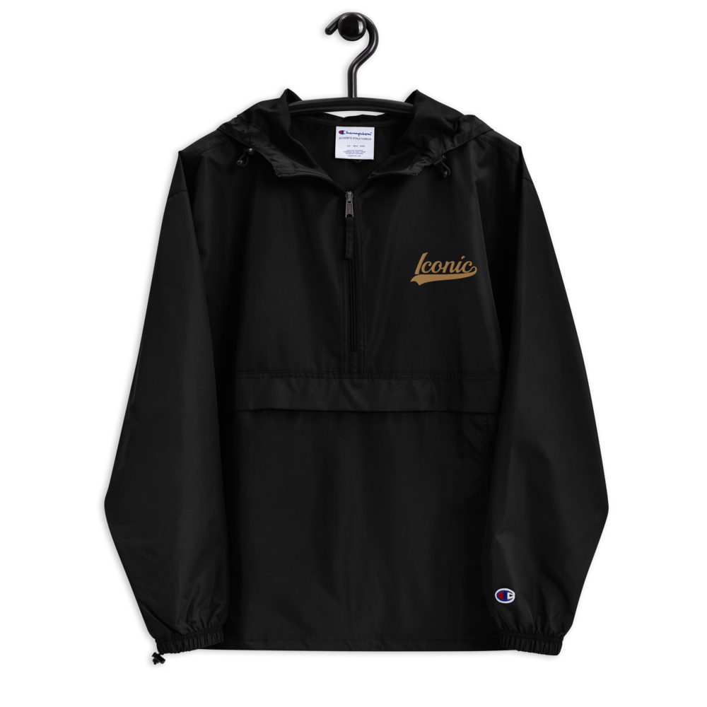 CHAMPION + ROYAL ICONIC. | Embroidered Logo Unisex Hooded Packable Windbreaker Lite Coaches Jacket Black w/ Ol' Gold Peanut Butter Logo
