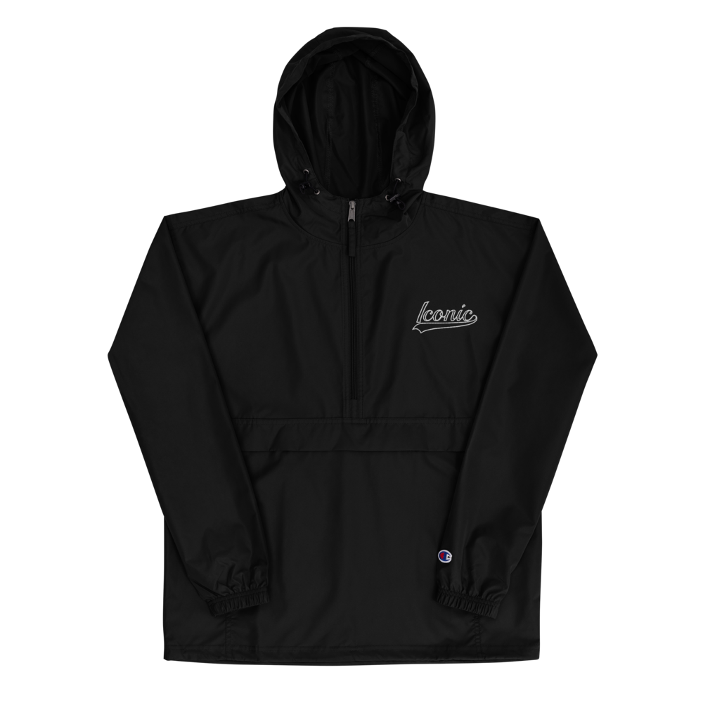 CHAMPION + ROYAL ICONIC. | Retro Embroidered Logo Unisex Hooded Packable Windbreaker Lite Coaches Jacket Grey Vintage Classic & Black White