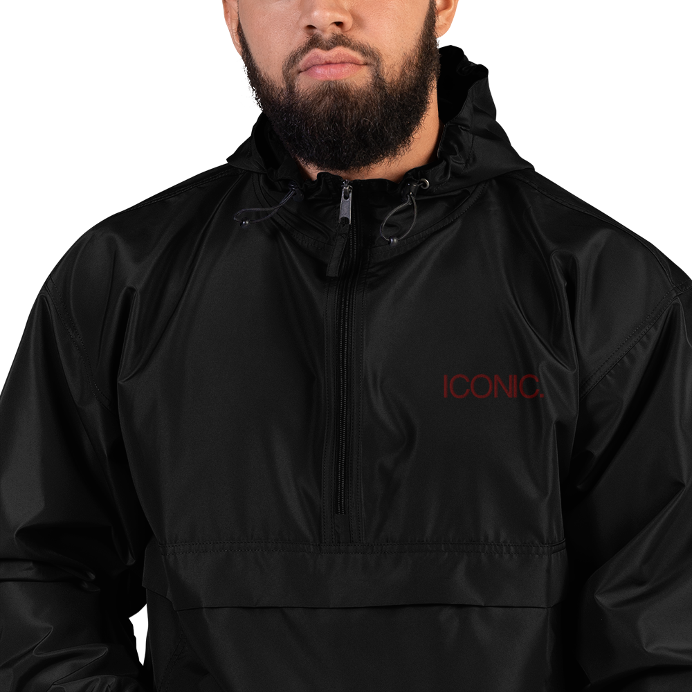 CHAMPION + ROYAL ICONIC. | Embroidered Logo Unisex Hooded Packable Windbreaker Lite Coaches Jacket Black w/ Wine Maroon Logo
