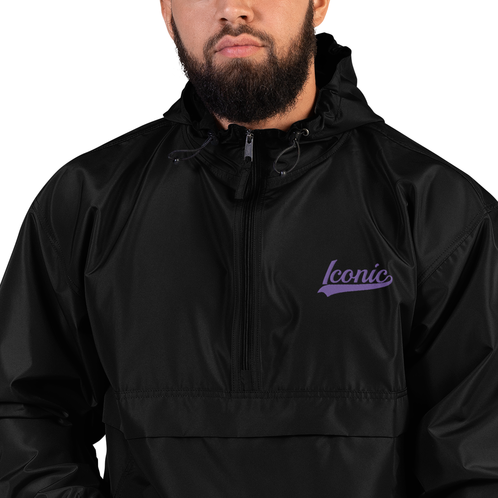 CHAMPION + ROYAL ICONIC. | Embroidered Logo Unisex Hooded Packable Windbreaker Lite Coaches Jacket Black w/ Purple Hendrixx Baseball Logo