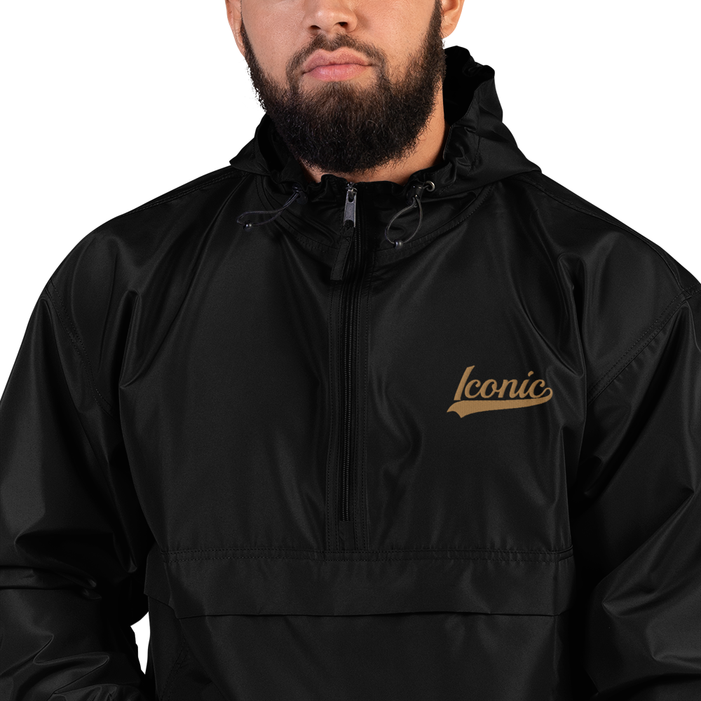 CHAMPION + ROYAL ICONIC. | Embroidered Logo Unisex Hooded Packable Windbreaker Lite Coaches Jacket Black w/ Ol' Gold Peanut Butter Logo