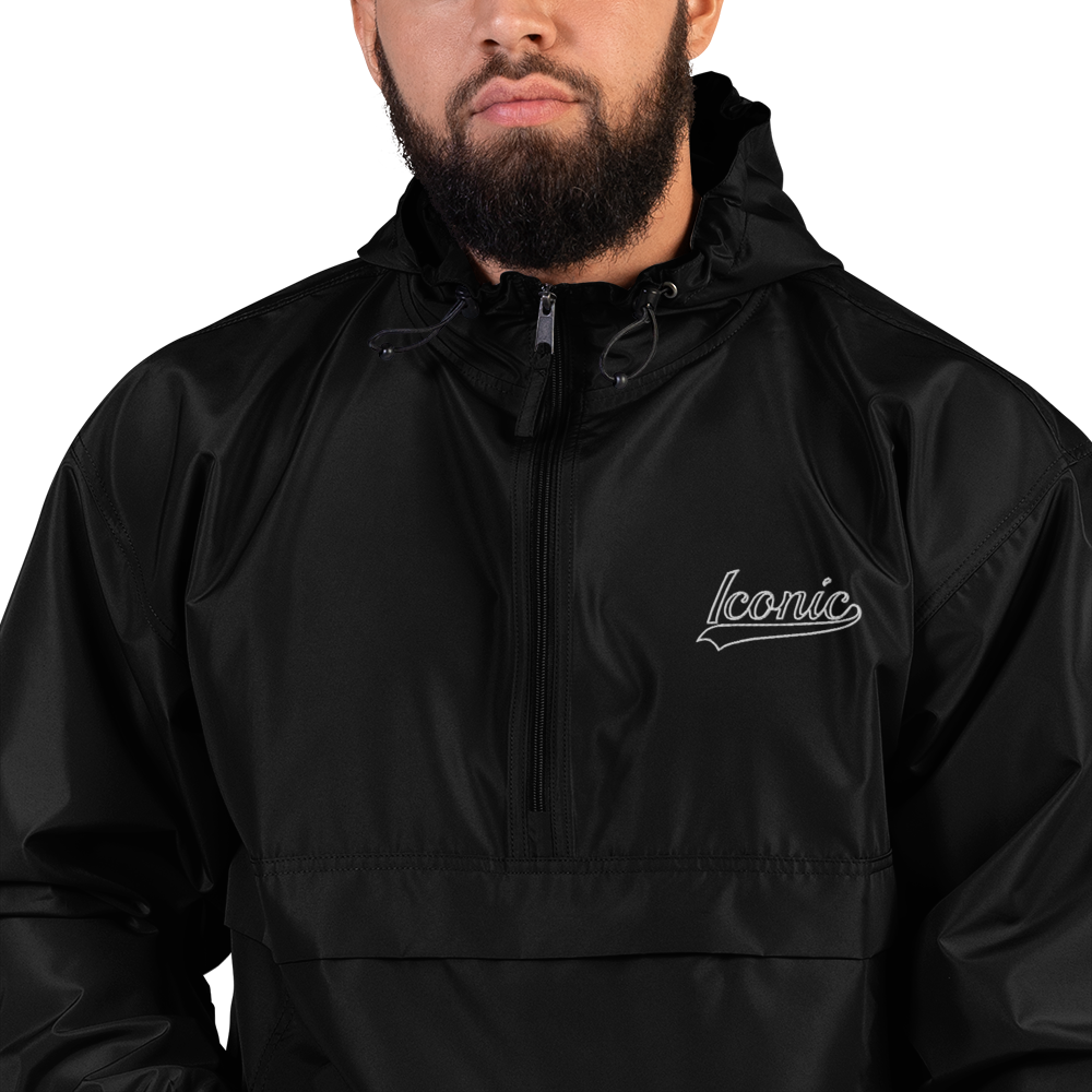 CHAMPION + ROYAL ICONIC. | Retro Embroidered Logo Unisex Hooded Packable Windbreaker Lite Coaches Jacket Grey Vintage Classic & Black White