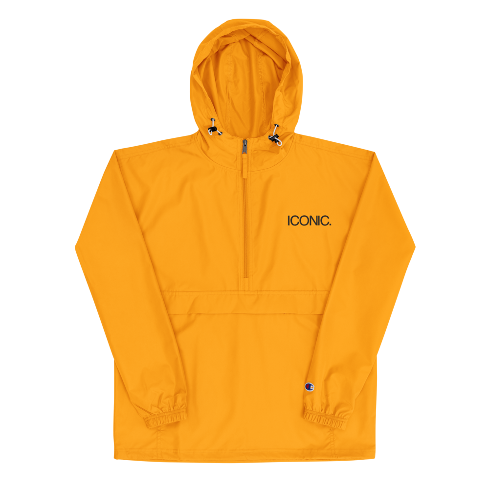 CHAMPION + ROYAL ICONIC. | Embroidered Logo Unisex Hooded Packable Windbreaker Coaches Jacket Gold w/Black Logo
