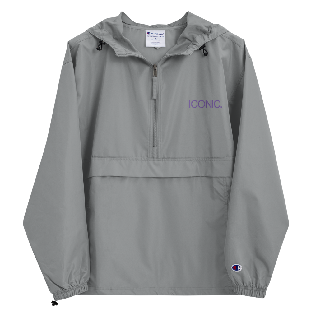 CHAMPION + ROYAL ICONIC. | Embroidered Logo Unisex Hooded Packable Windbreaker Lite Coaches Jacket Graphite Grey w/ Purple Logo