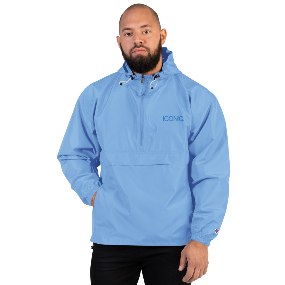 CHAMPION + ROYAL ICONIC. | Embroidered Logo Unisex Hooded Packable Windbreaker Coaches Jacket Water Blue w/ Teal Aqua Logo