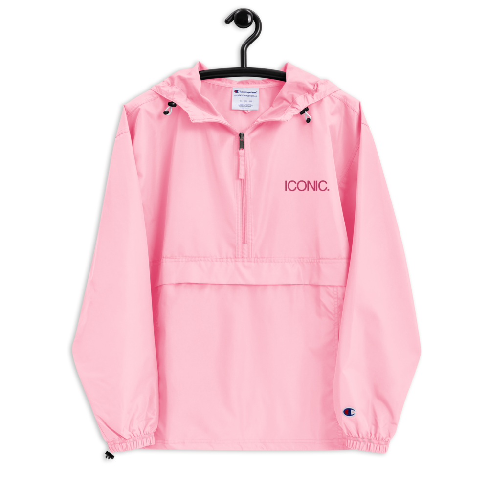 CHAMPION + ROYAL ICONIC. | Embroidered Logo Unisex Hooded Packable Windbreaker Coaches Jacket Candy Pink w/ Flamingo Logo